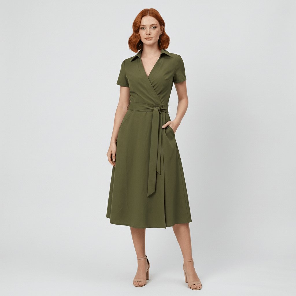 Sophie Wrap Midi Dress with V-Neck and Tie Waist