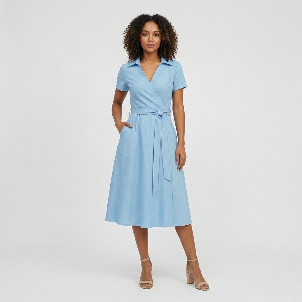 Sophie Wrap Midi Dress with V-Neck and Tie Waist
