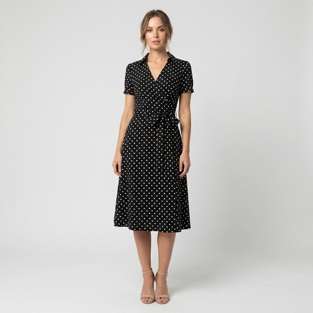 Sophie Wrap Midi Dress with V-Neck and Tie Waist