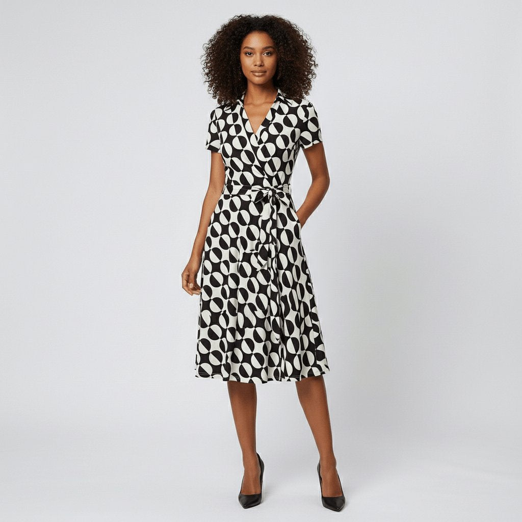 Sophie Wrap Midi Dress with V-Neck and Tie Waist