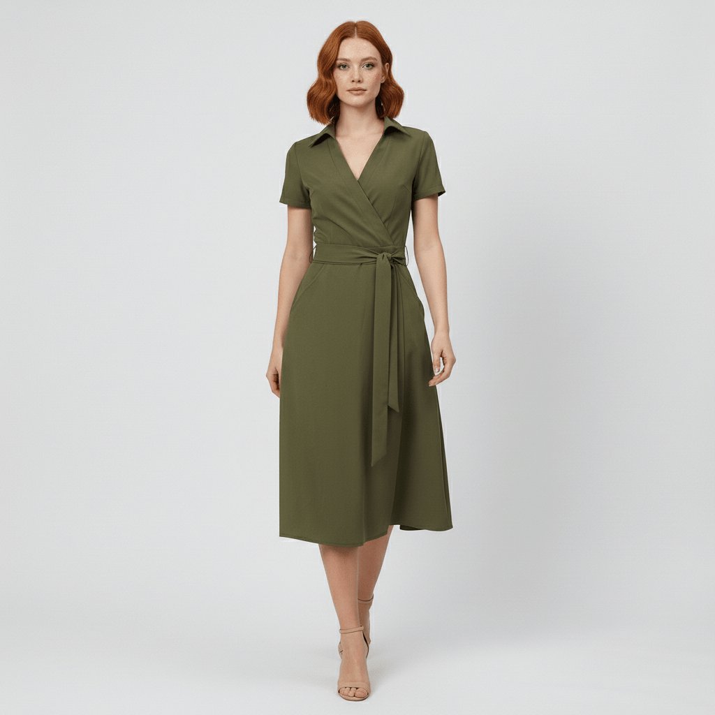 Sophie Wrap Midi Dress with V-Neck and Tie Waist