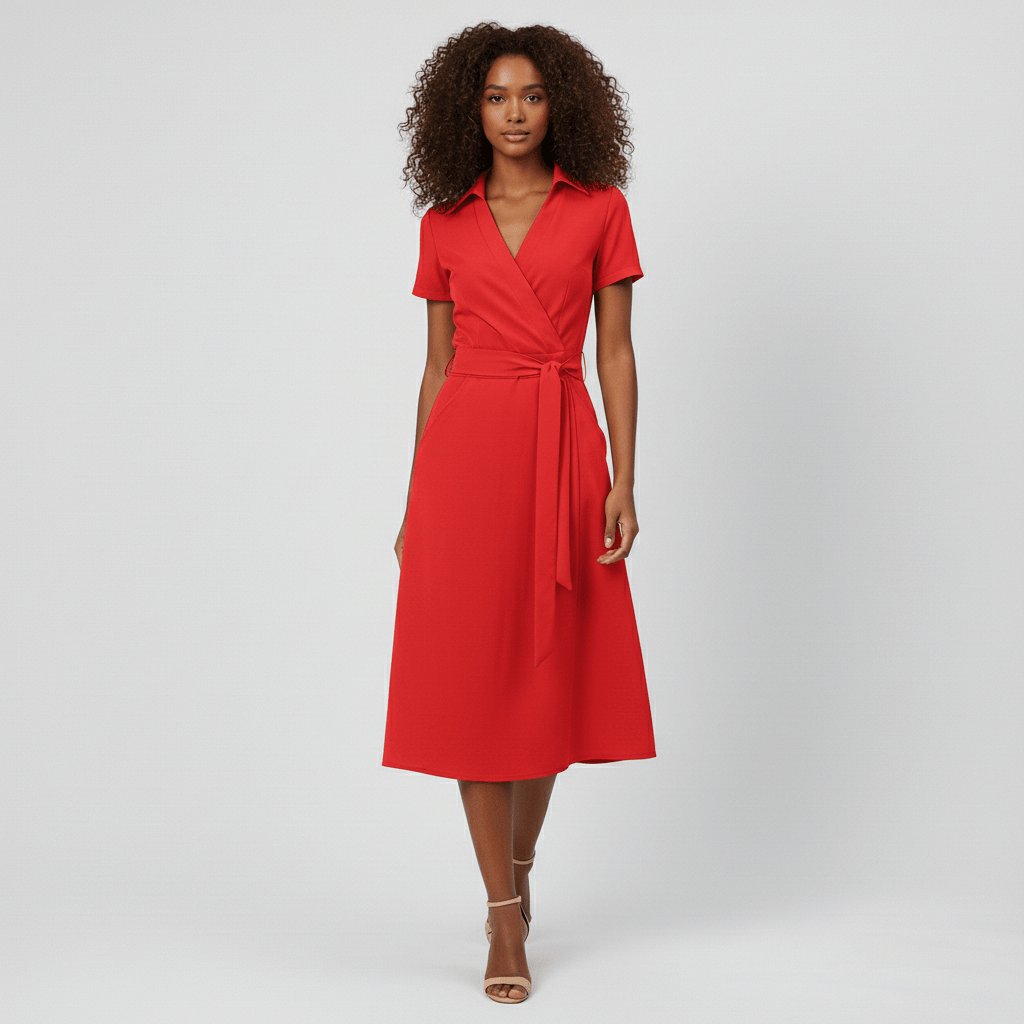 Sophie Wrap Midi Dress with V-Neck and Tie Waist