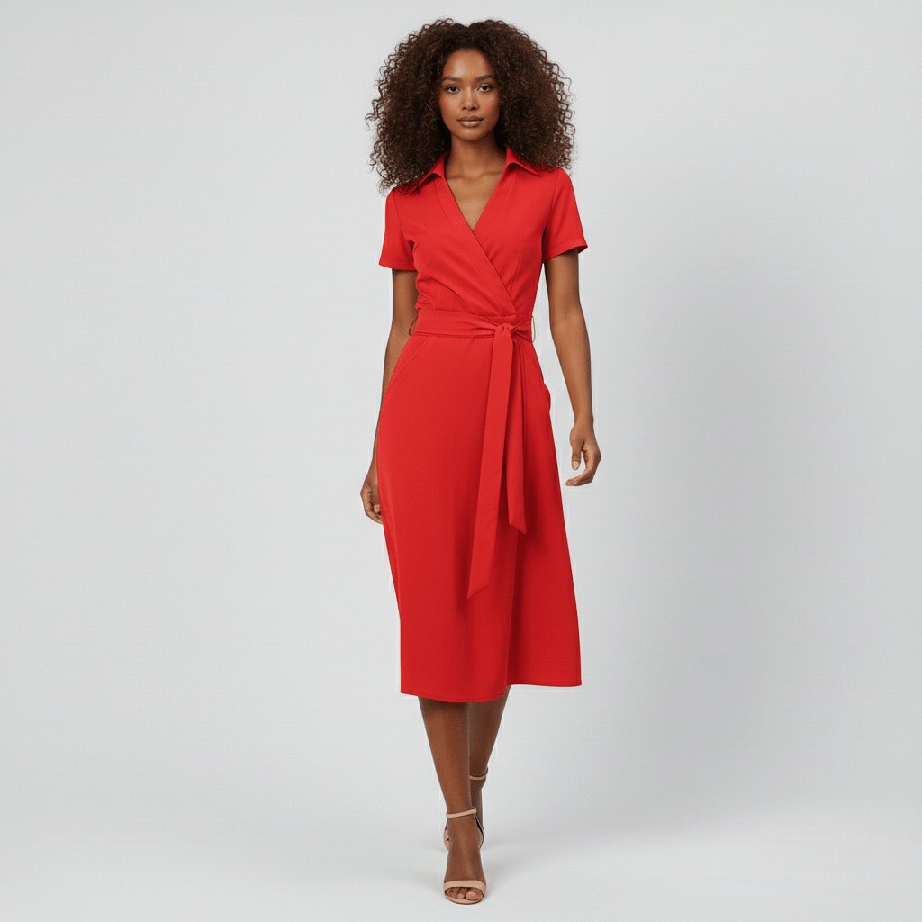 Sophie Wrap Midi Dress with V-Neck and Tie Waist