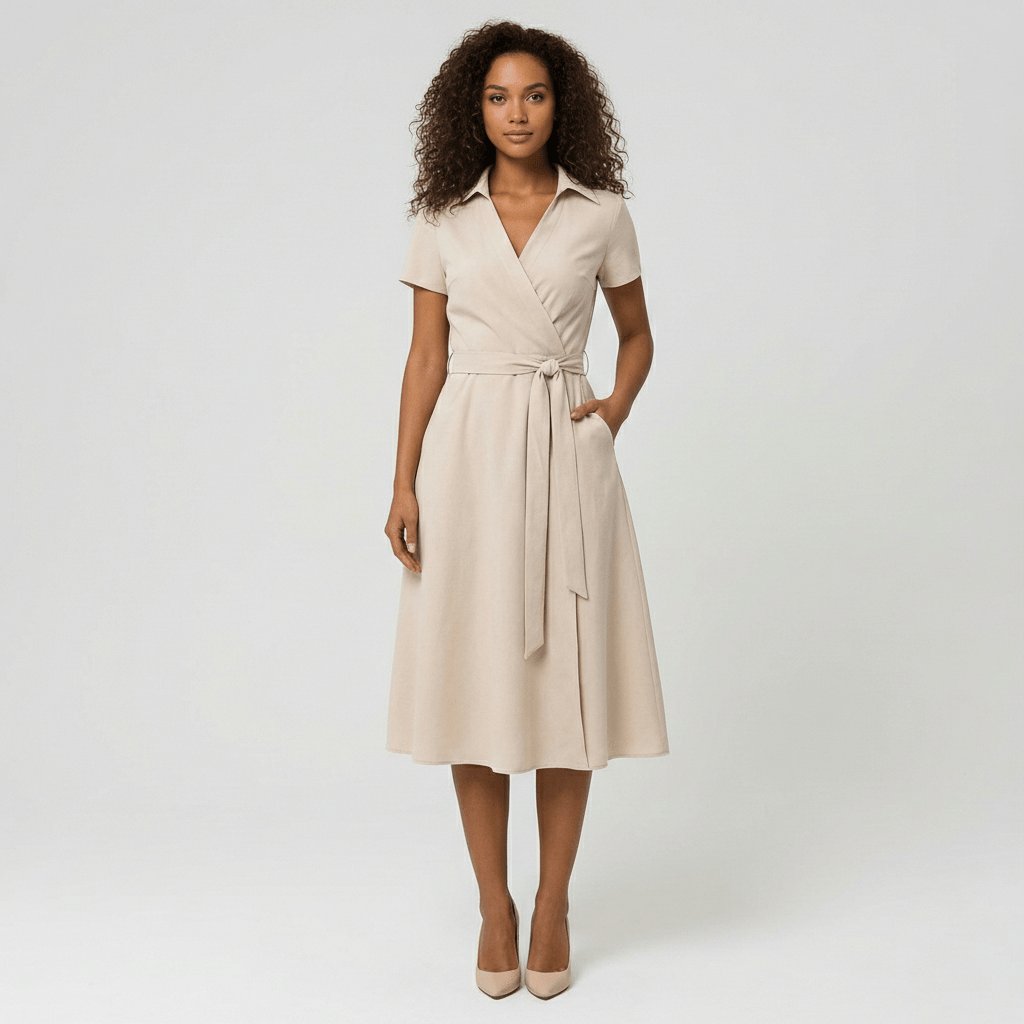 Sophie Wrap Midi Dress with V-Neck and Tie Waist