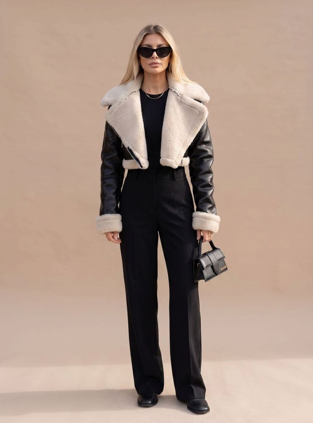 Nora Cropped Faux Leather Teddy Biker Jacket
