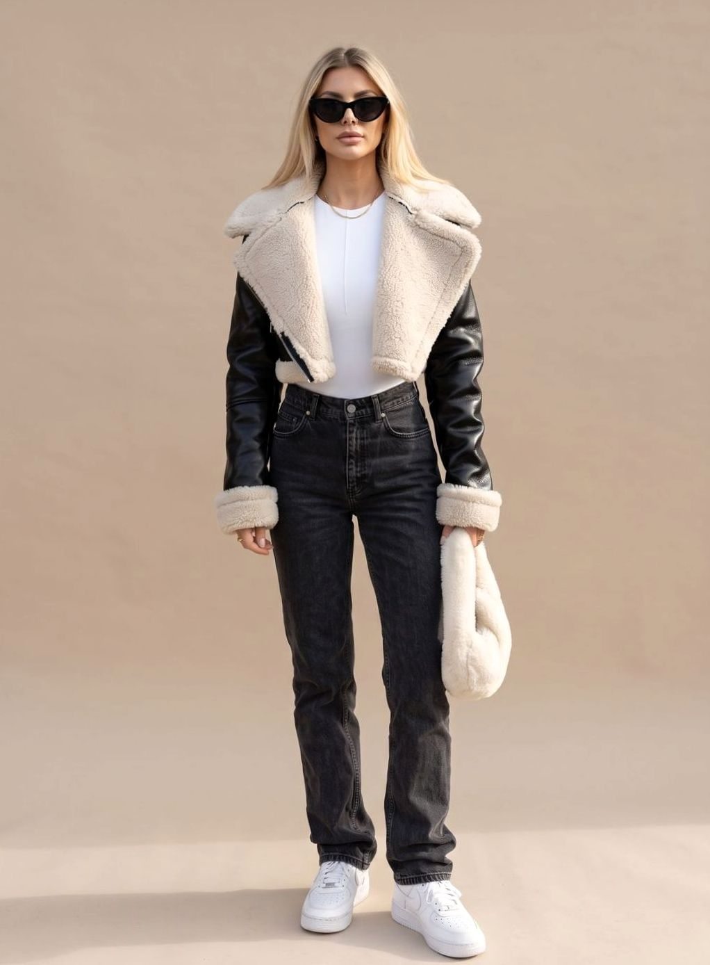 Nora Cropped Faux Leather Teddy Biker Jacket