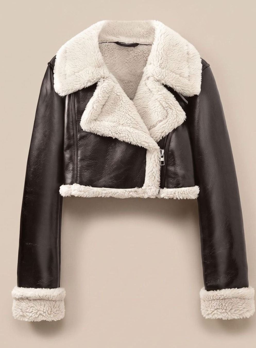 Nora Cropped Faux Leather Teddy Biker Jacket