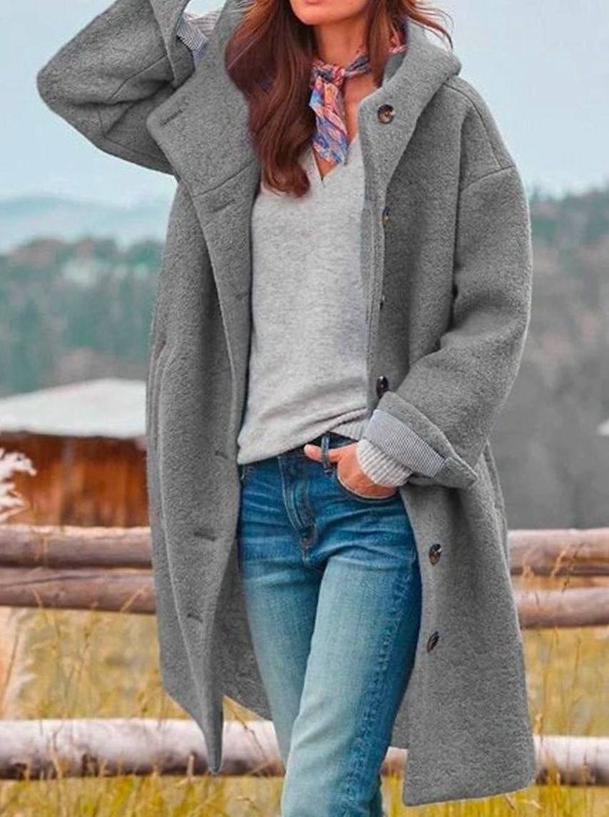 Mia Button-Front Hooded Wool Coat