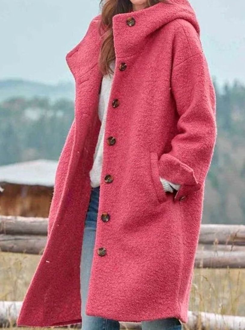 Mia Button-Front Hooded Wool Coat