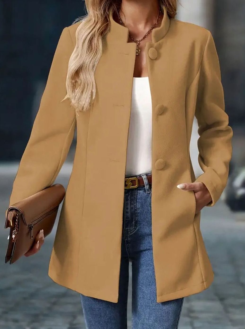 Amelie Button-Front Winter Coat with Stand Collar