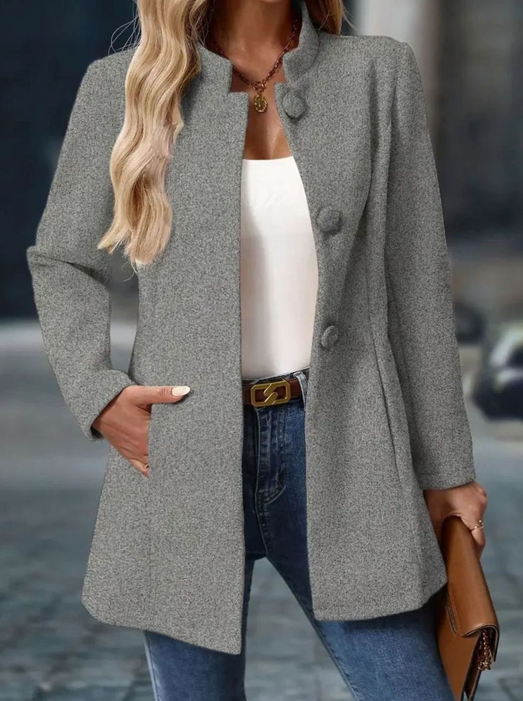 Amelie Button-Front Winter Coat with Stand Collar