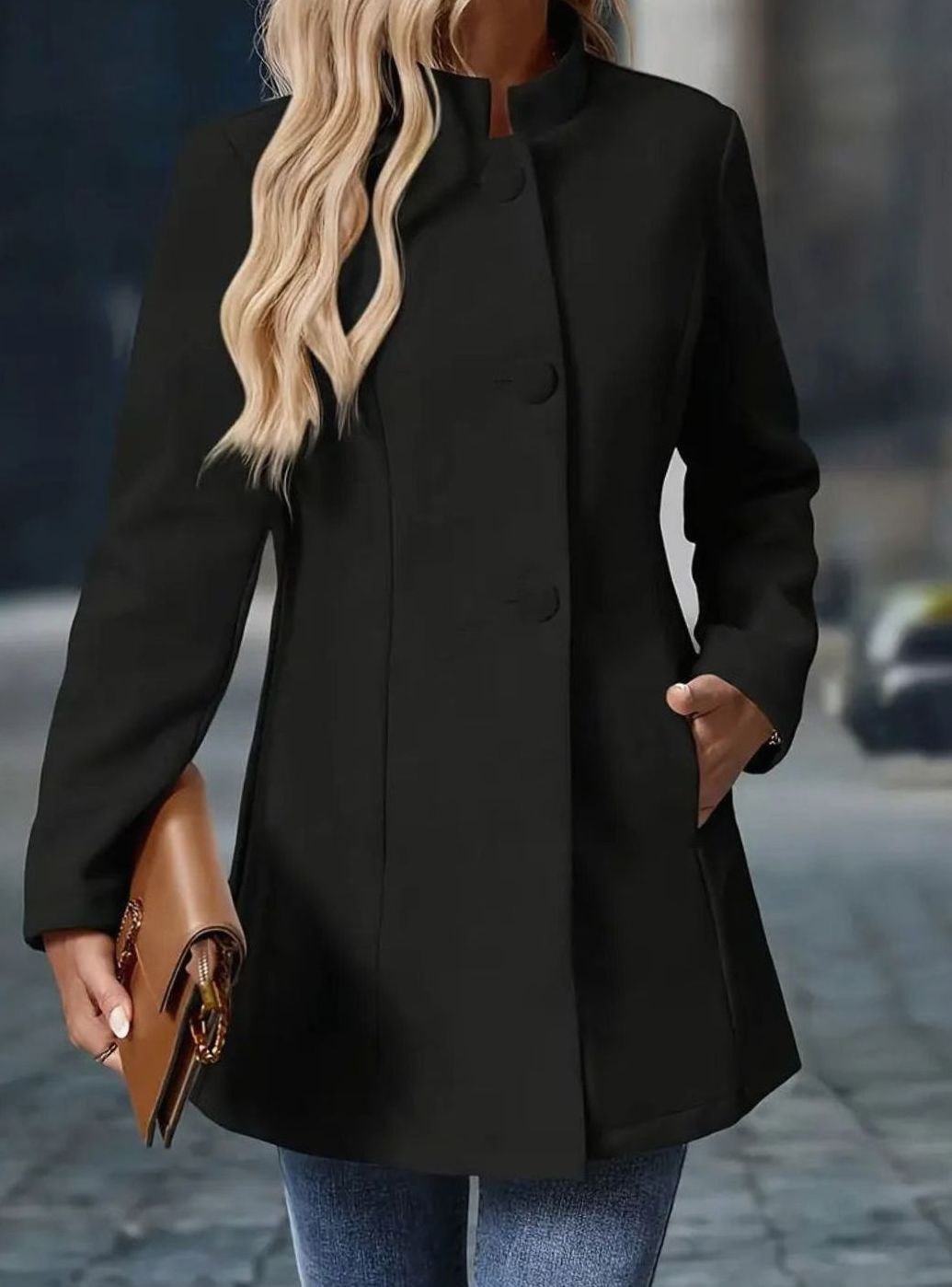 Amelie Button-Front Winter Coat with Stand Collar