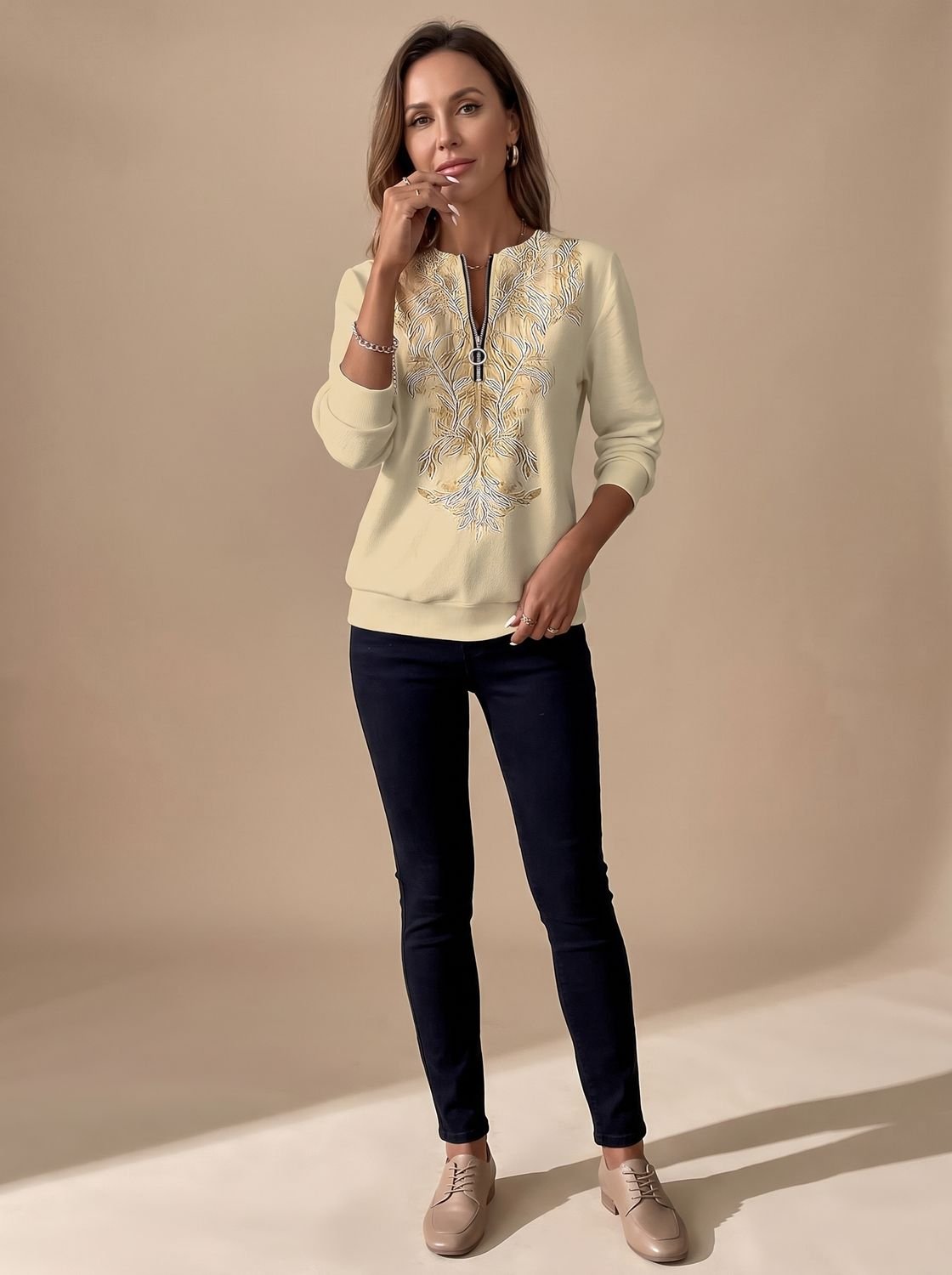 Emilia Slim Fit Floral Zip Sweater