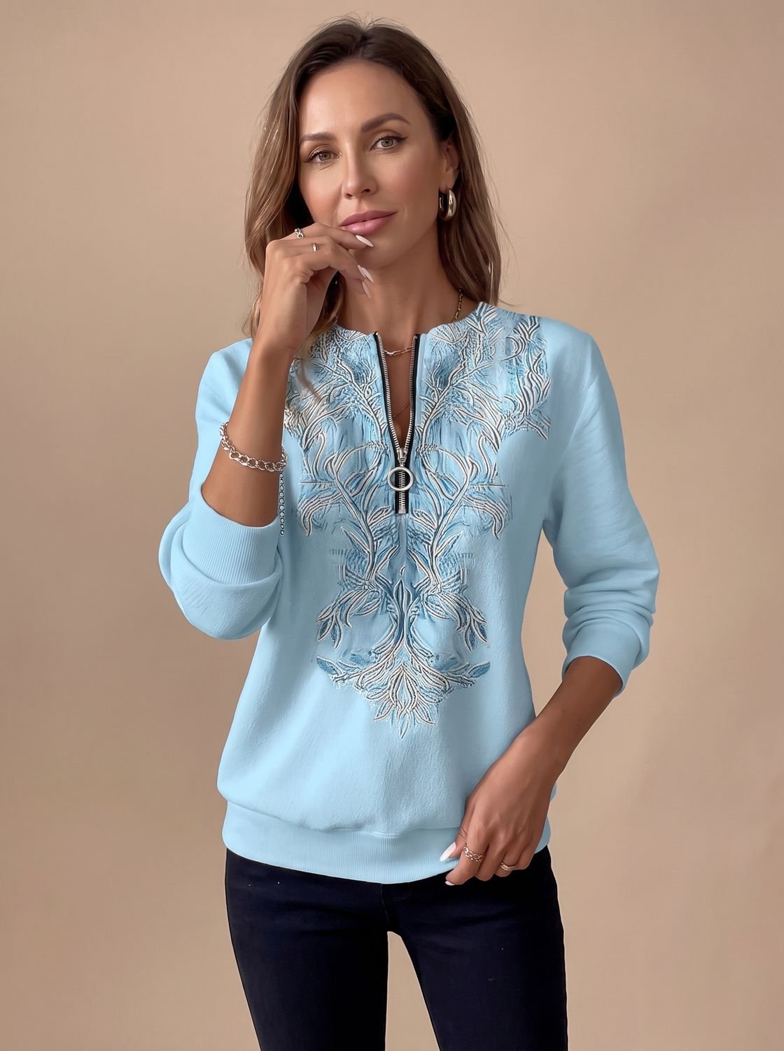 Emilia Slim Fit Floral Zip Sweater