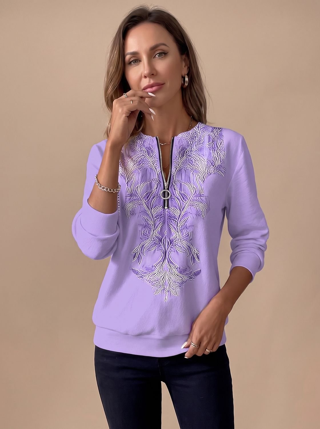 Emilia Slim Fit Floral Zip Sweater