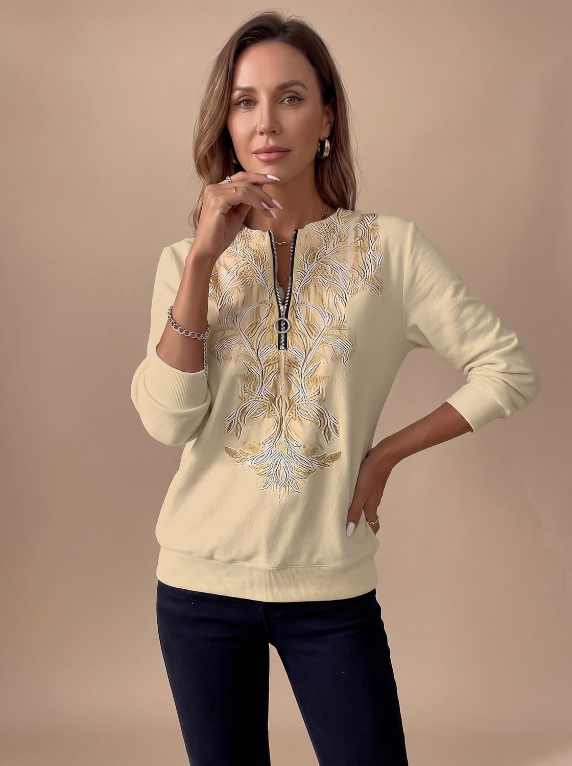 Emilia Slim Fit Floral Zip Sweater