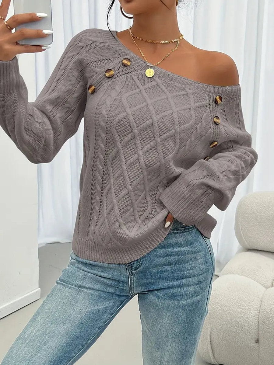 Leonie Cable-Knit Raglan Sweater with Button Detail
