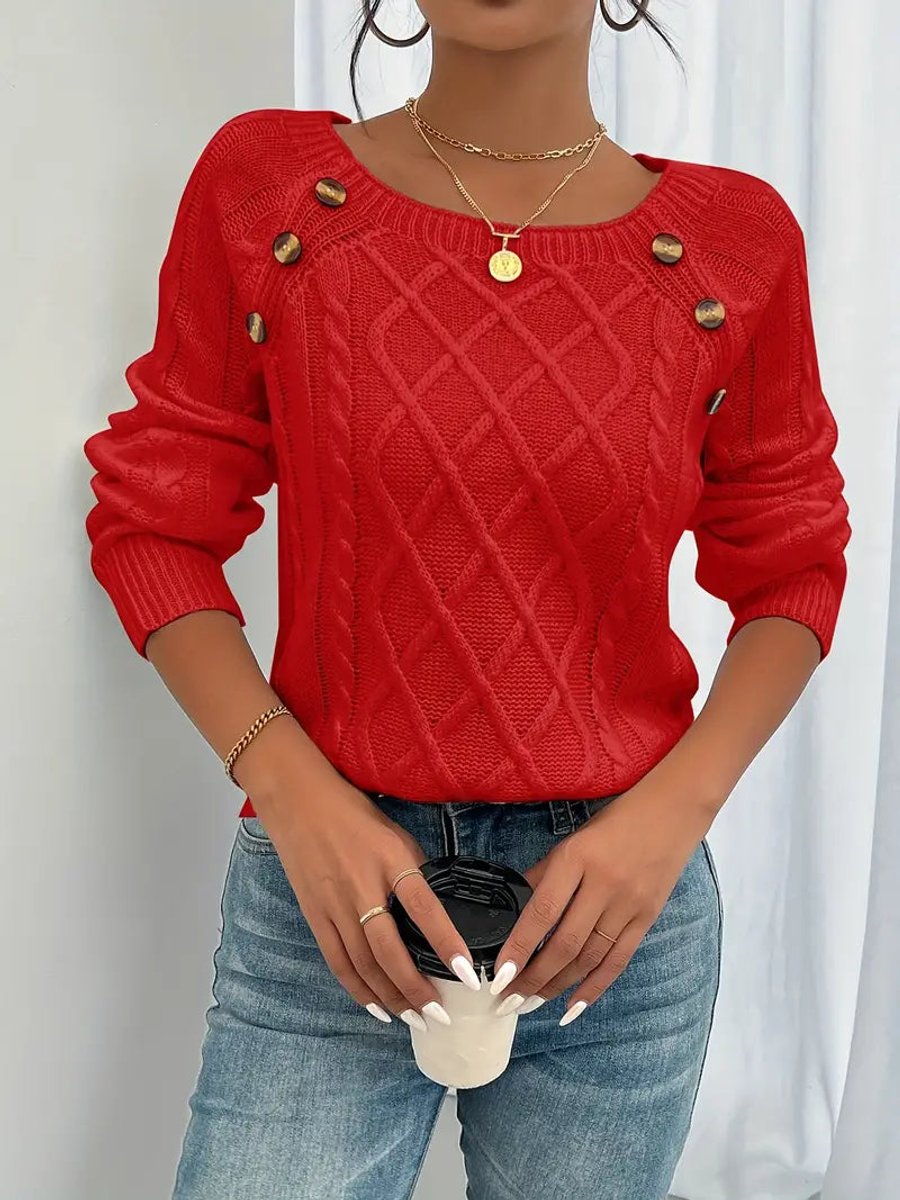 Leonie Cable-Knit Raglan Sweater with Button Detail