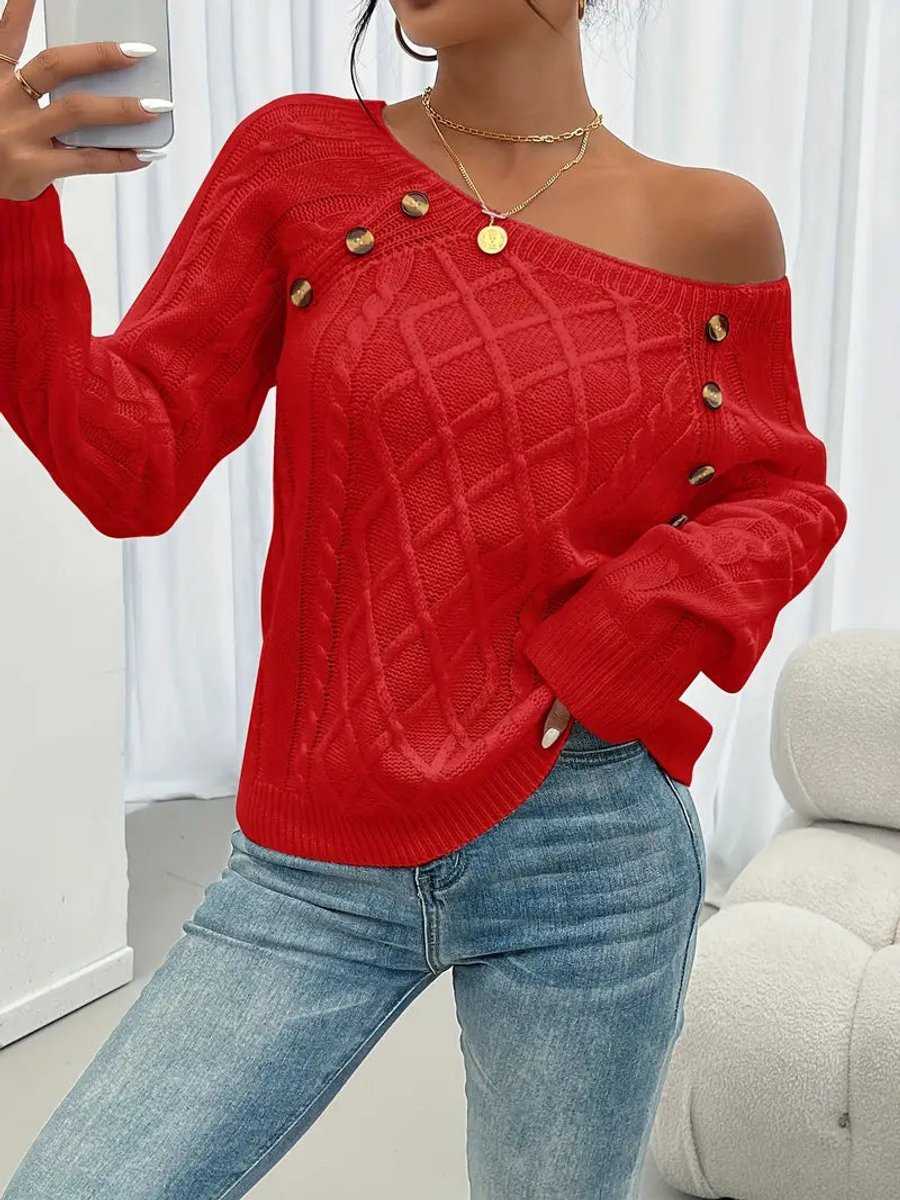 Leonie Cable-Knit Raglan Sweater with Button Detail