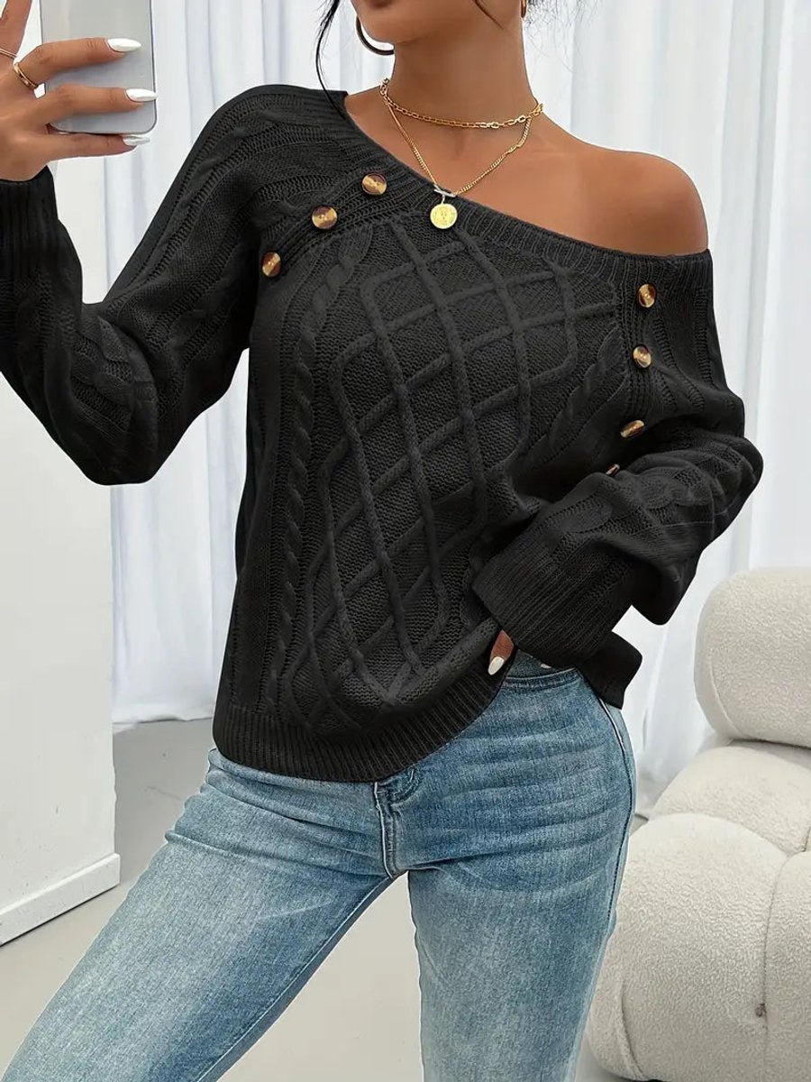 Leonie Cable-Knit Raglan Sweater with Button Detail