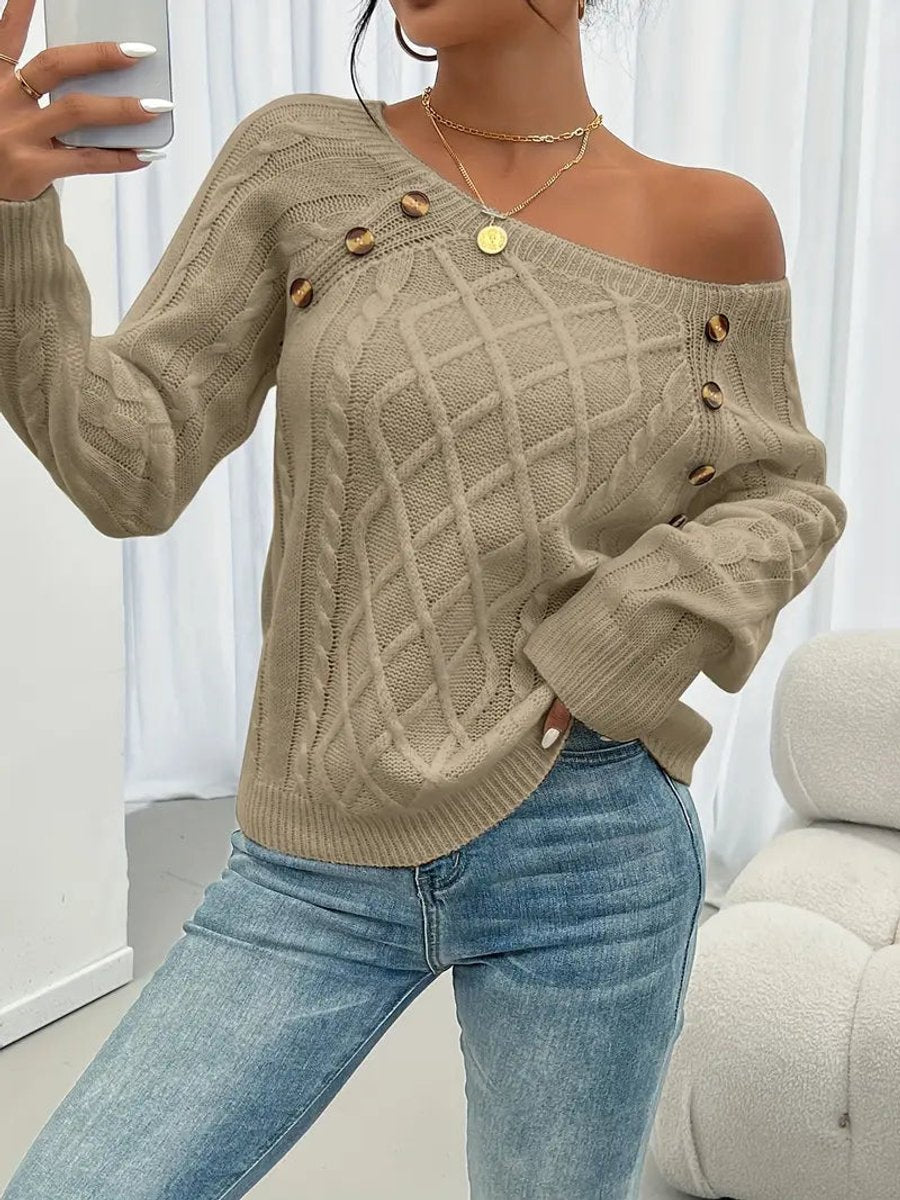 Leonie Cable-Knit Raglan Sweater with Button Detail