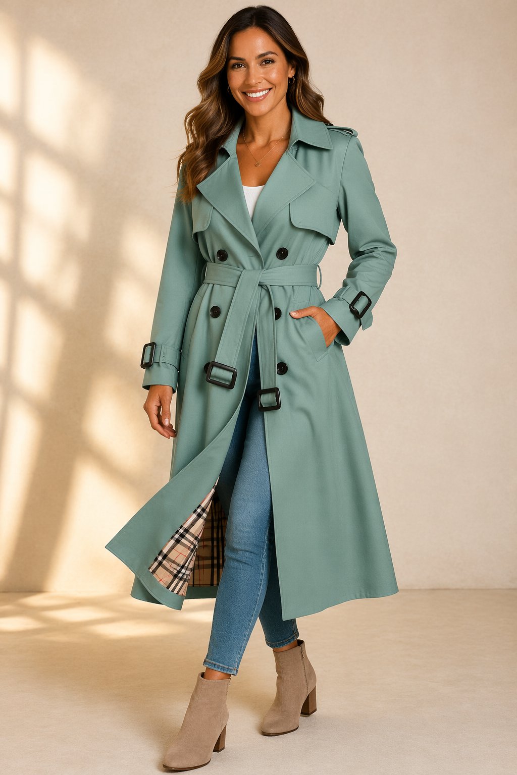 Mia Double-Breasted Long Trench Coat with Belted Waist