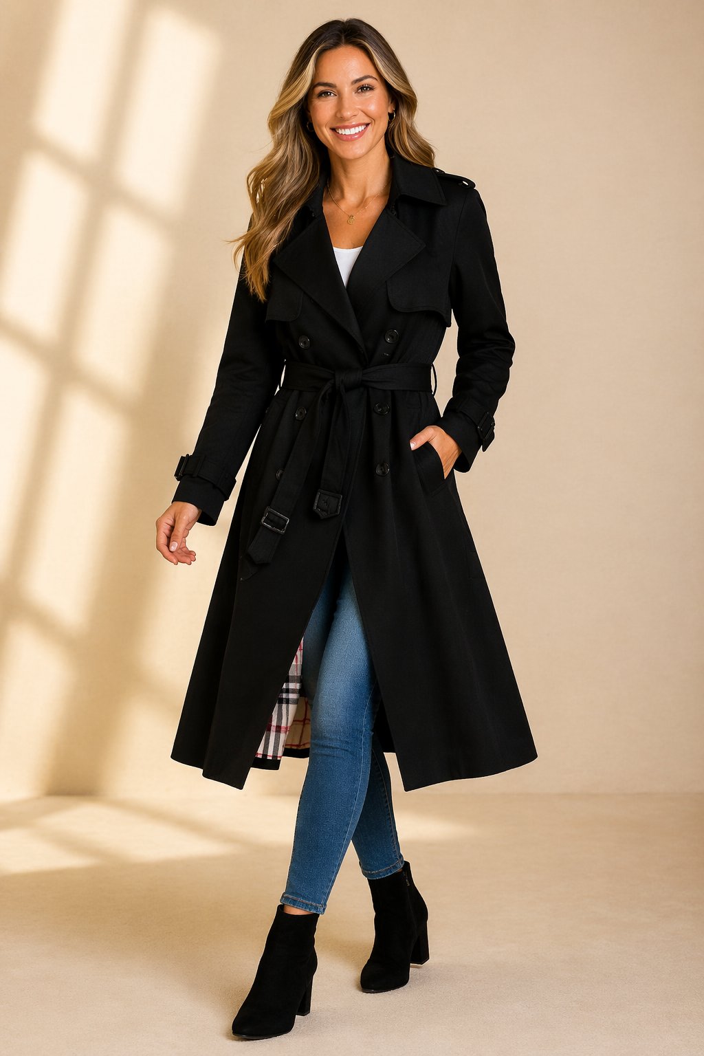 Mia Double-Breasted Long Trench Coat with Belted Waist