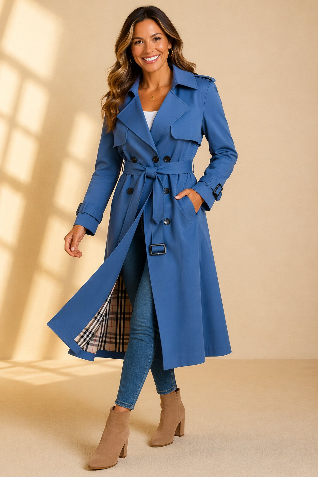 Mia Double-Breasted Long Trench Coat with Belted Waist