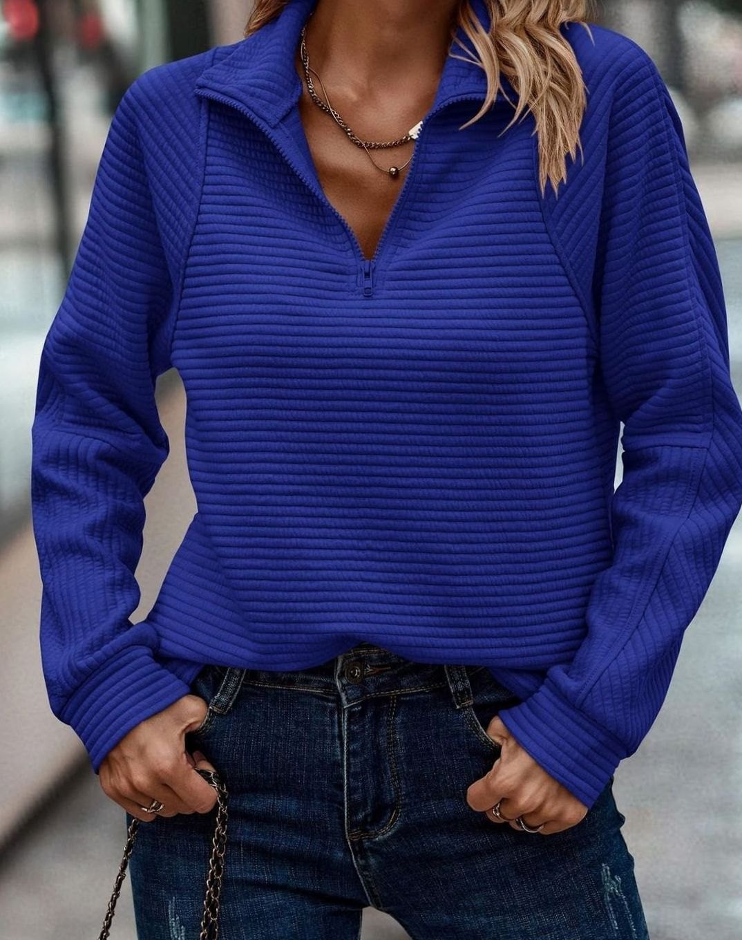 Emilia Zip Stand Collar Ribbed Knit Oversized Sweater