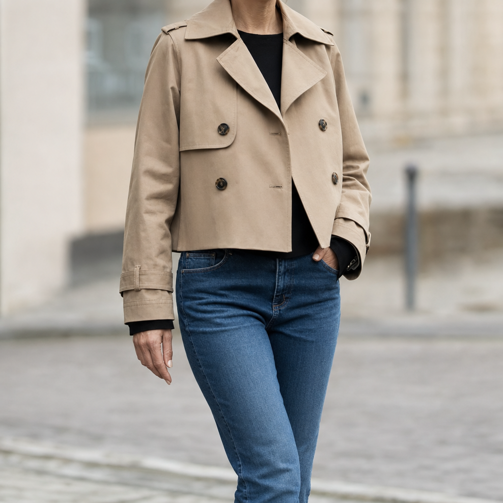 Dorney Vintage Cropped Trench in khaki worn with jeans, front view