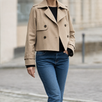 Dorney Vintage Cropped Trench in khaki worn with jeans, front view