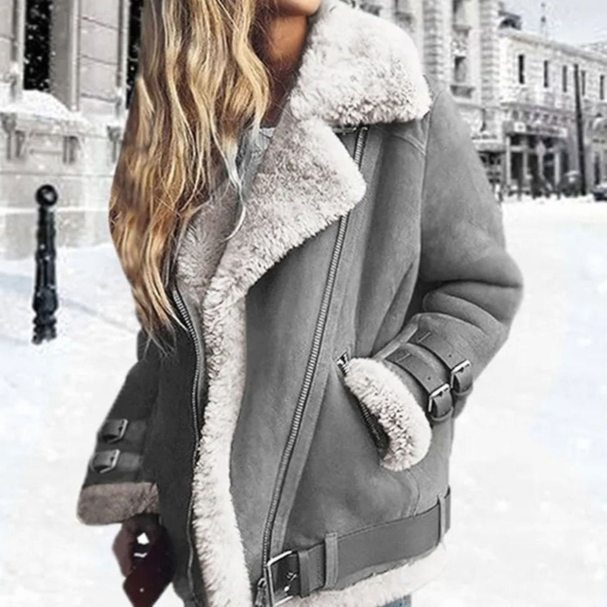 Hannah Drune Suede Shearling Biker Jacket with Buckles