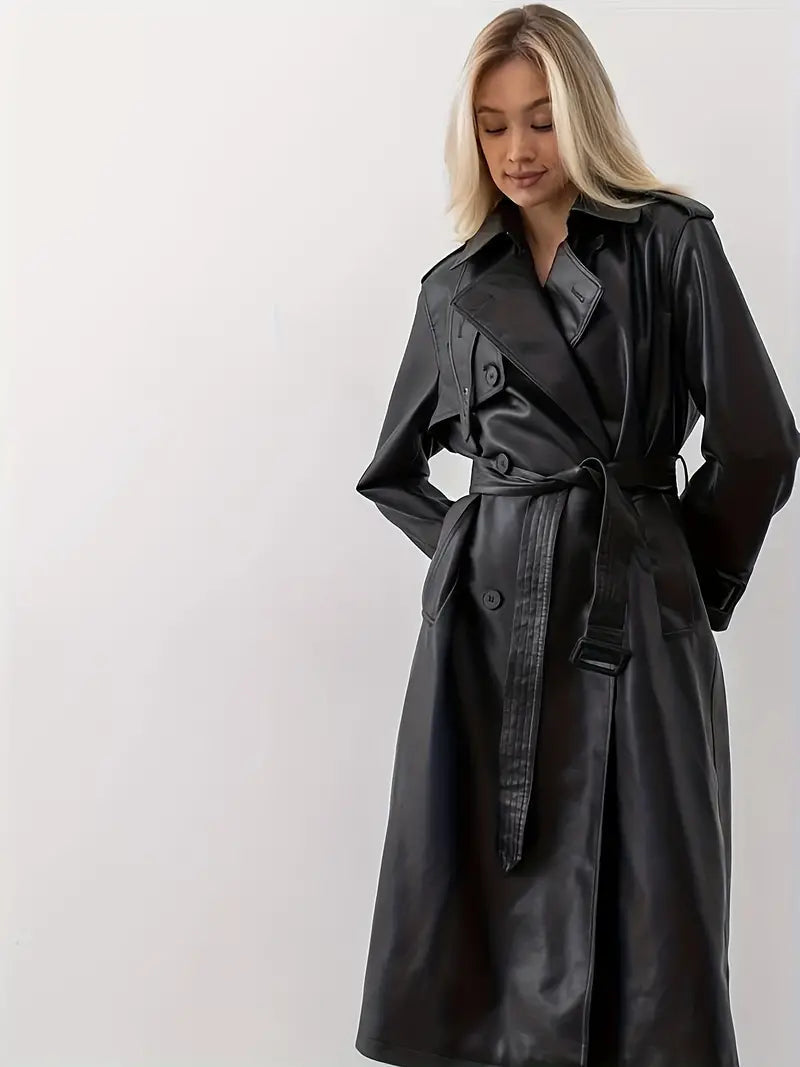 Edith Belted Long Faux Leather Trench Coat