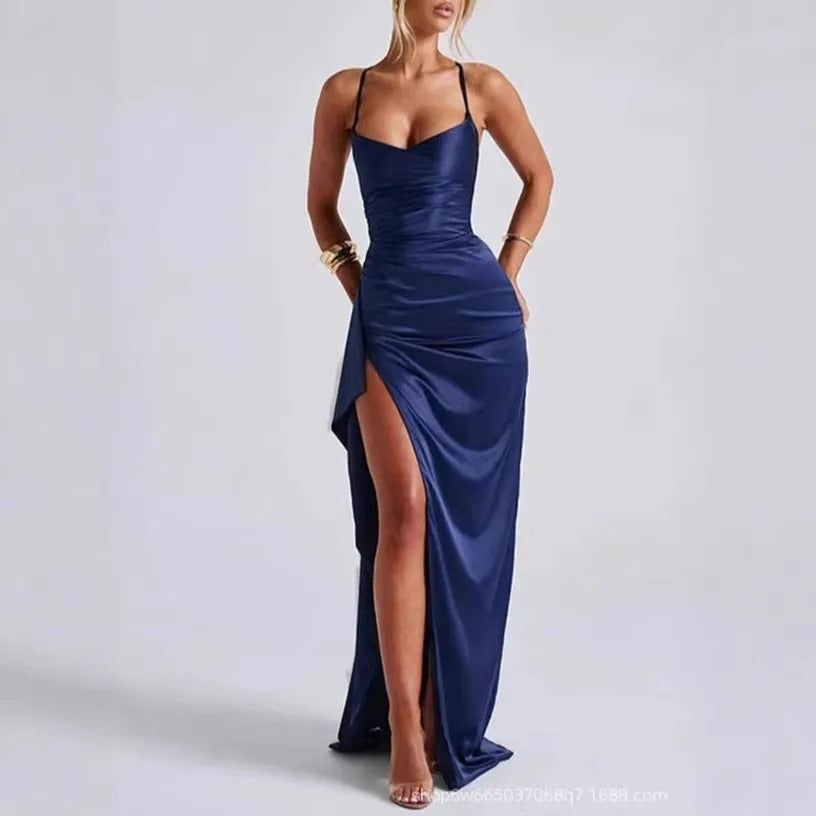 Mia Ruched Sweetheart Bodycon Satin Maxi Dress with Slit