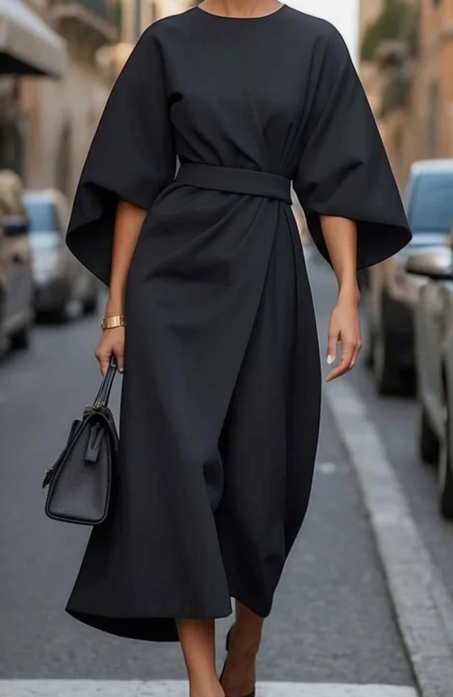 Greta Belted Midi Dress with Lantern Sleeves