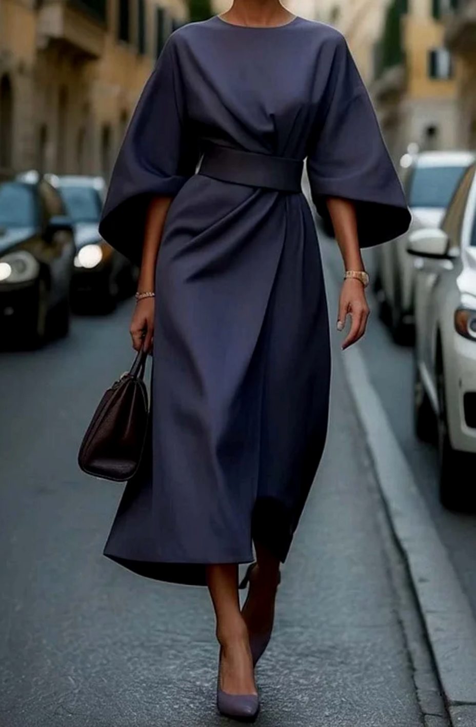 Greta Belted Midi Dress with Lantern Sleeves