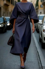 Greta Belted Midi Dress with Lantern Sleeves