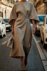 Greta Belted Midi Dress with Lantern Sleeves