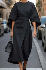 Greta Belted Midi Dress with Lantern Sleeves