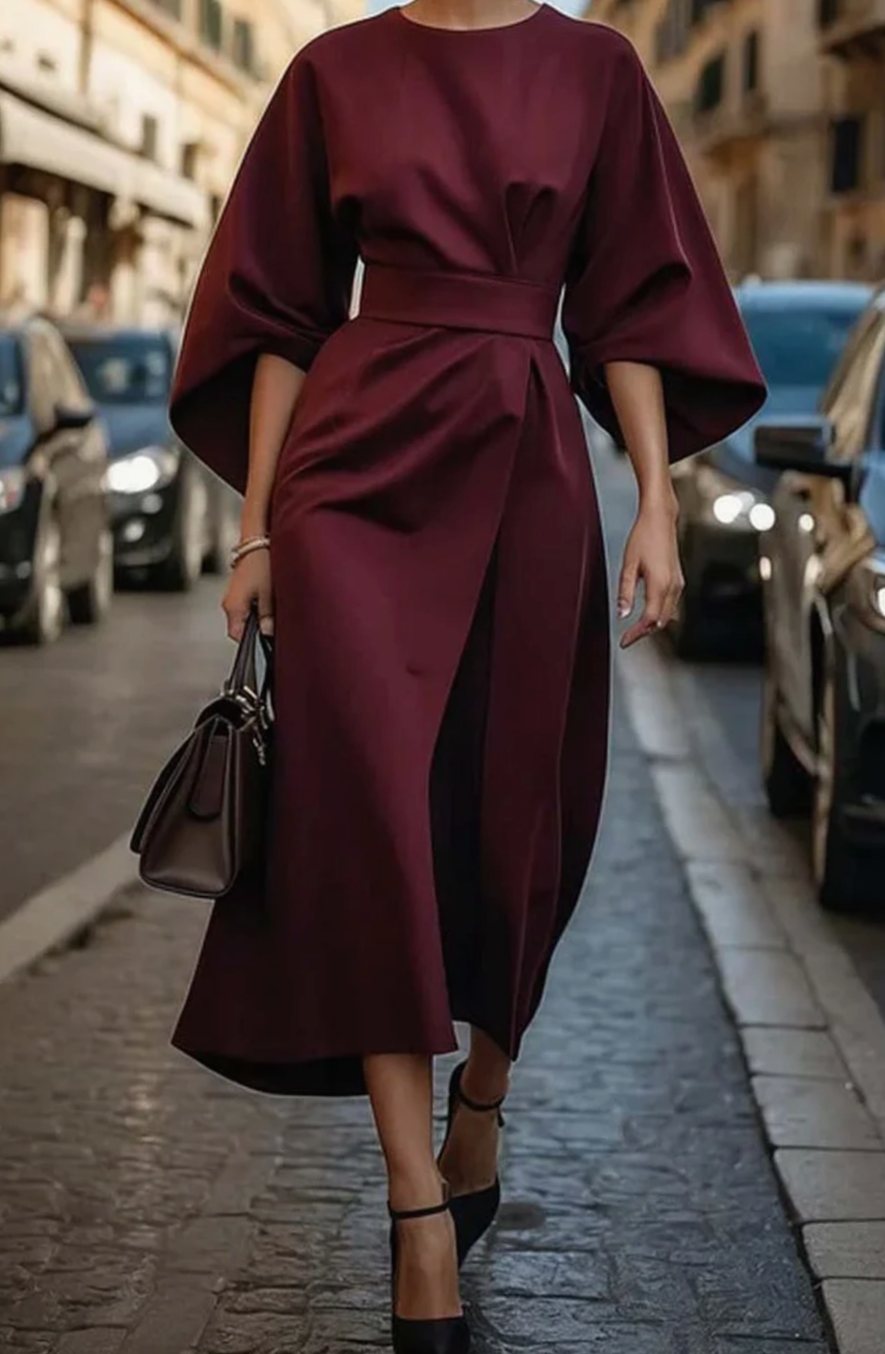 Greta Belted Midi Dress with Lantern Sleeves