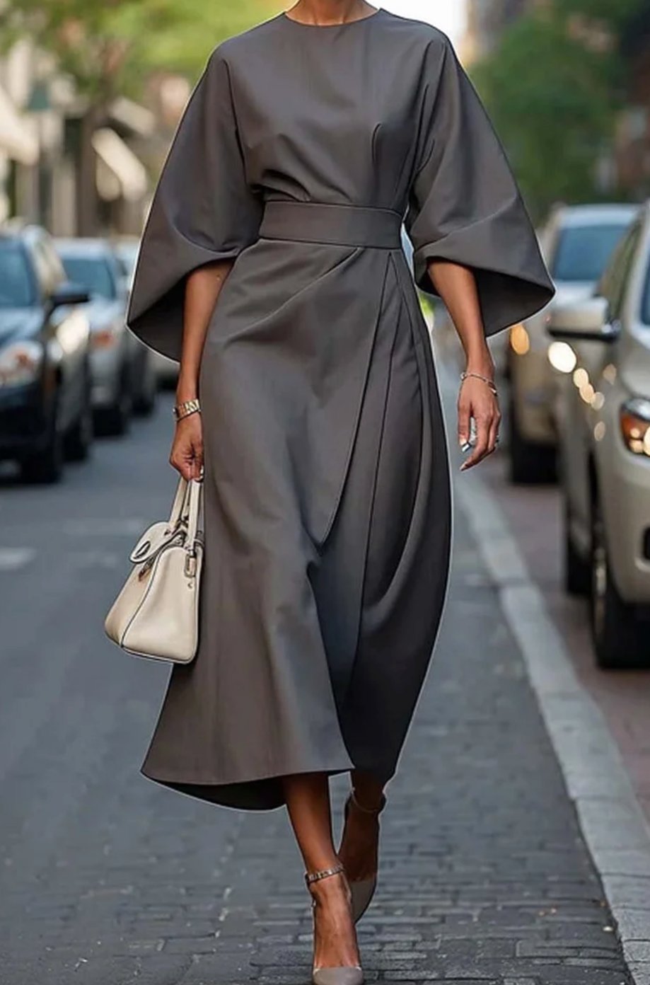 Greta Belted Midi Dress with Lantern Sleeves