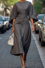 Greta Belted Midi Dress with Lantern Sleeves