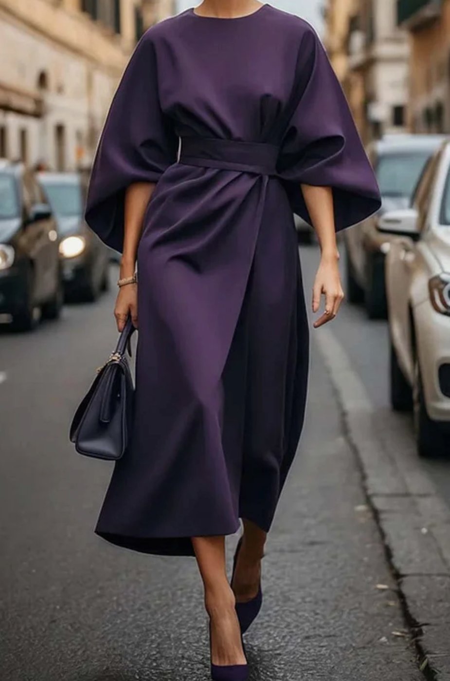 Greta Belted Midi Dress with Lantern Sleeves