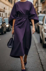 Greta Belted Midi Dress with Lantern Sleeves