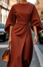 Greta Belted Midi Dress with Lantern Sleeves