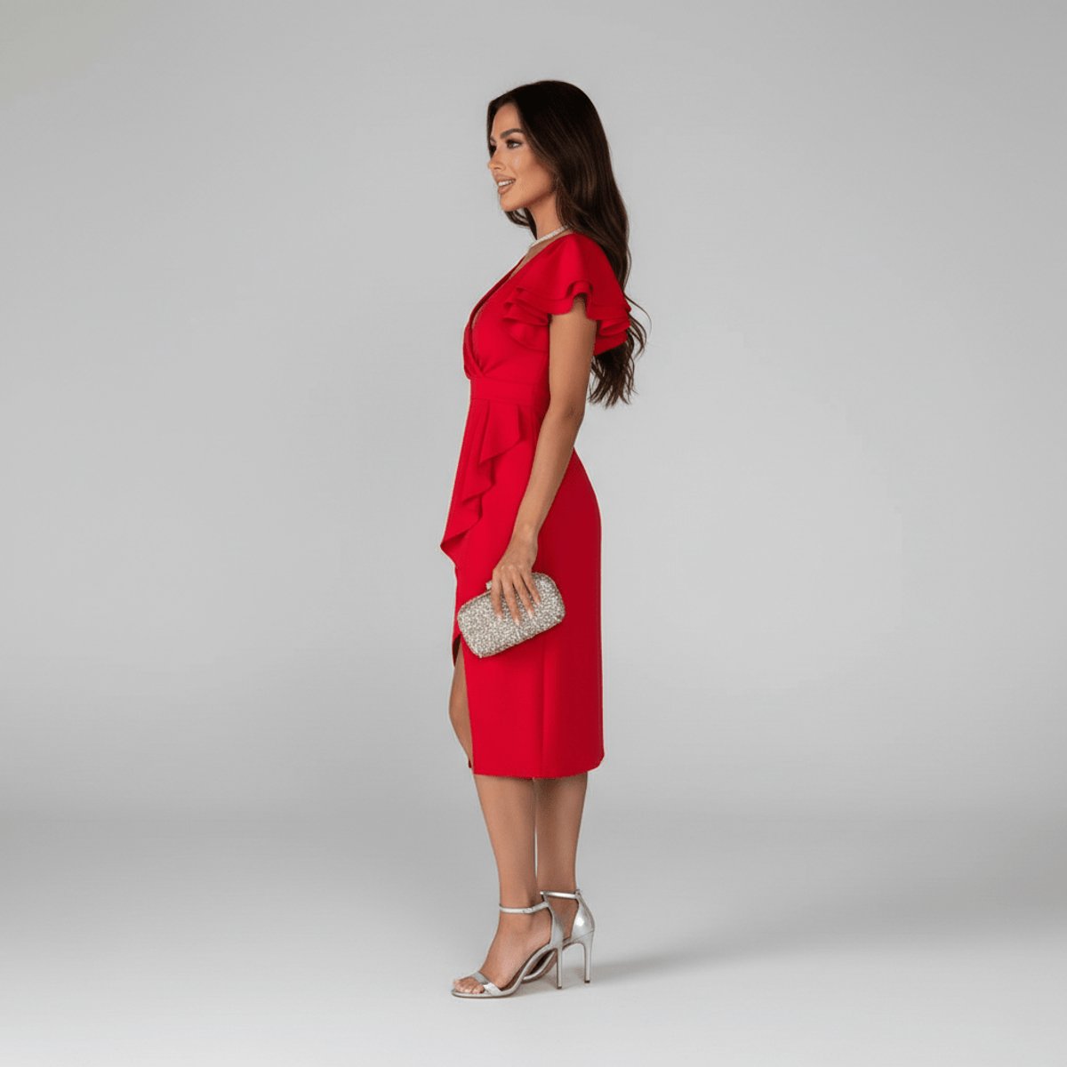 Clara Ruffle-Sleeve Wrap Mother-of-the-Bride Dress