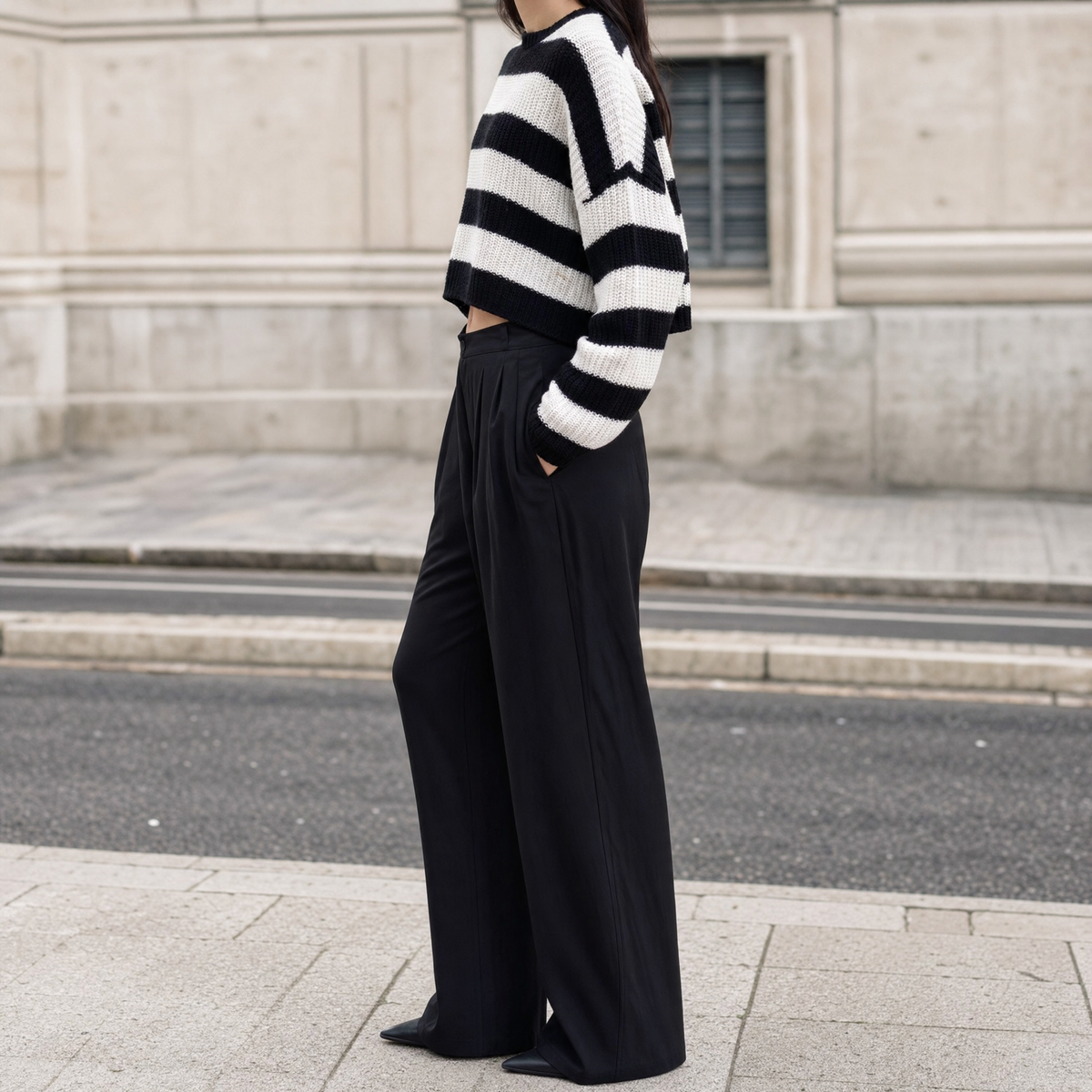Ellery striped sweater, side profile view