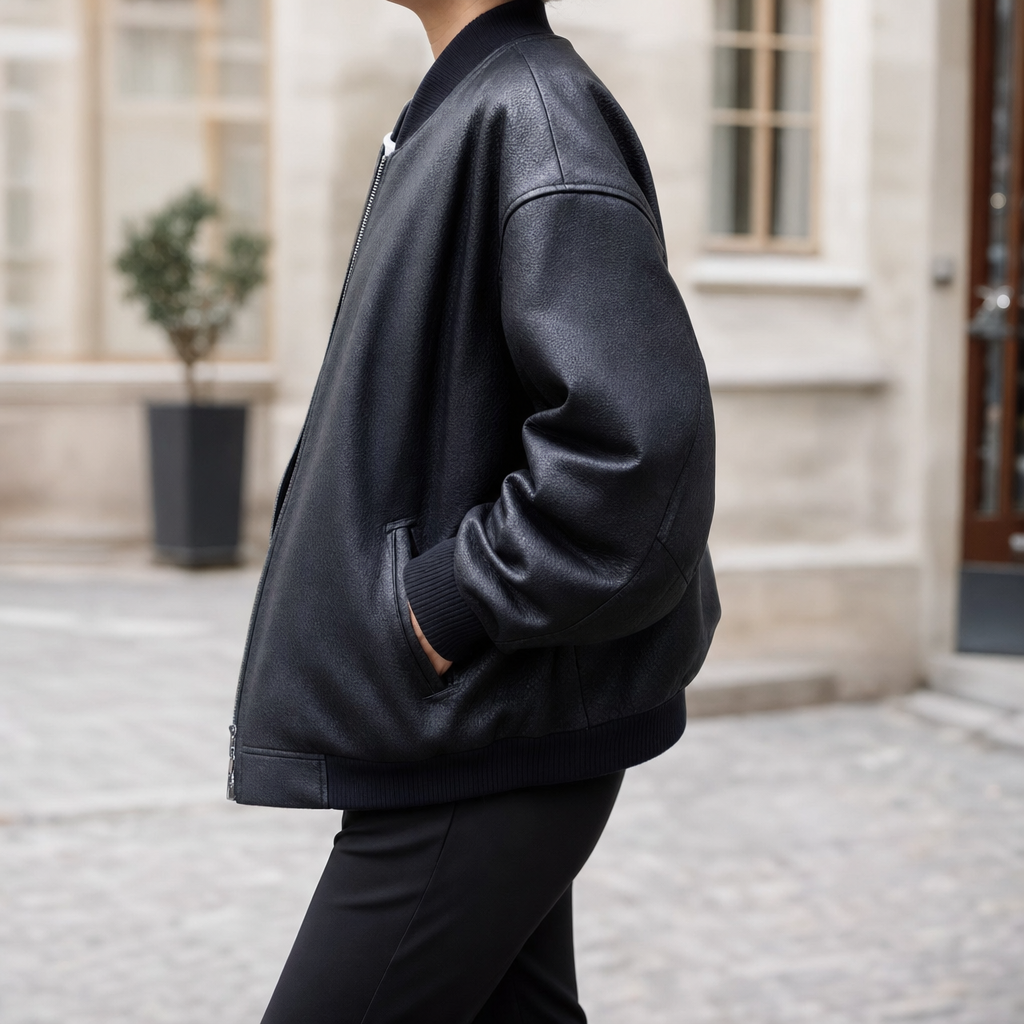 Elmswell Faux Leather Bomber in black, side view