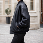 Elmswell Faux Leather Bomber in black, side view