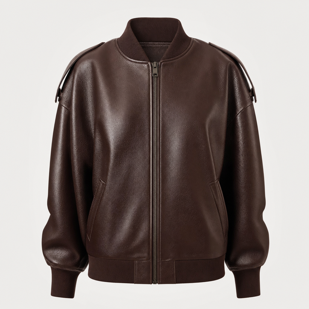 Elmswell Faux Leather Bomber in brown, product shot